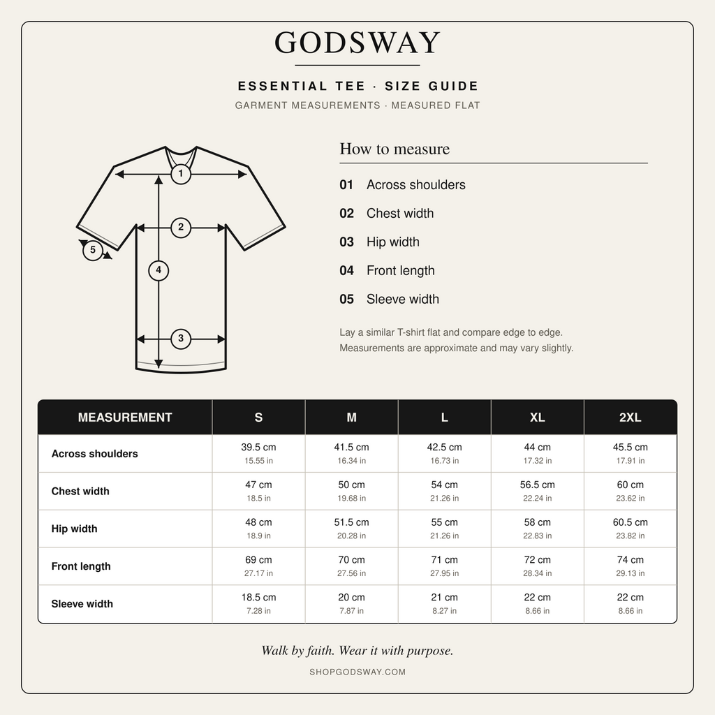 GODSWAY Essential Tee size guide with garment measurements for sizes S through 2XL