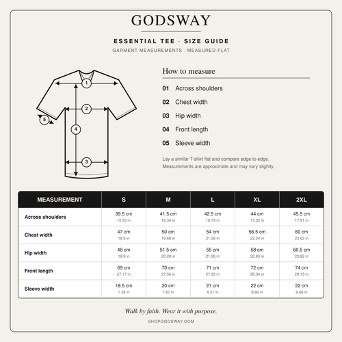 GODSWAY Essential Tee size guide with garment measurements for sizes S through 2XL
